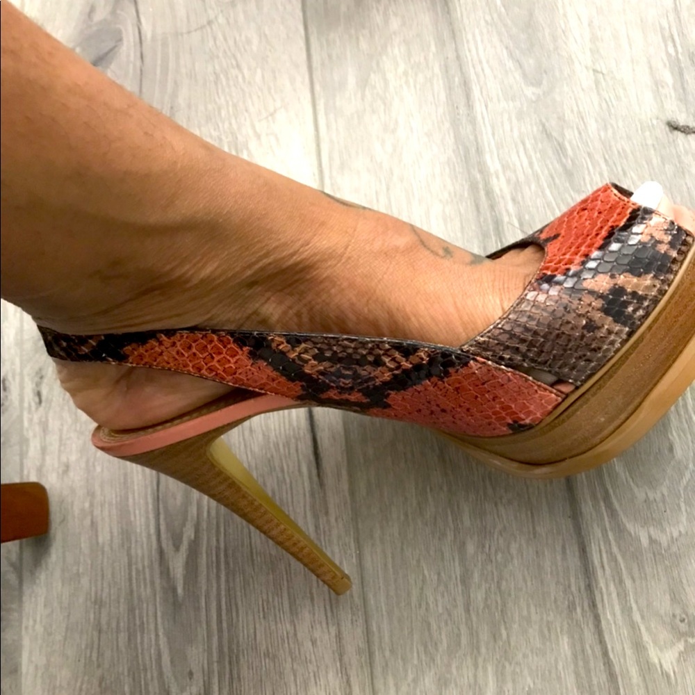 Snake print pink and black Bebe zahara sling back heels